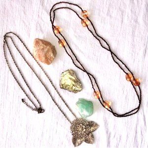 Two Vintage Boho Statement Necklaces 1970's Floral Brass & Beaded Handmade